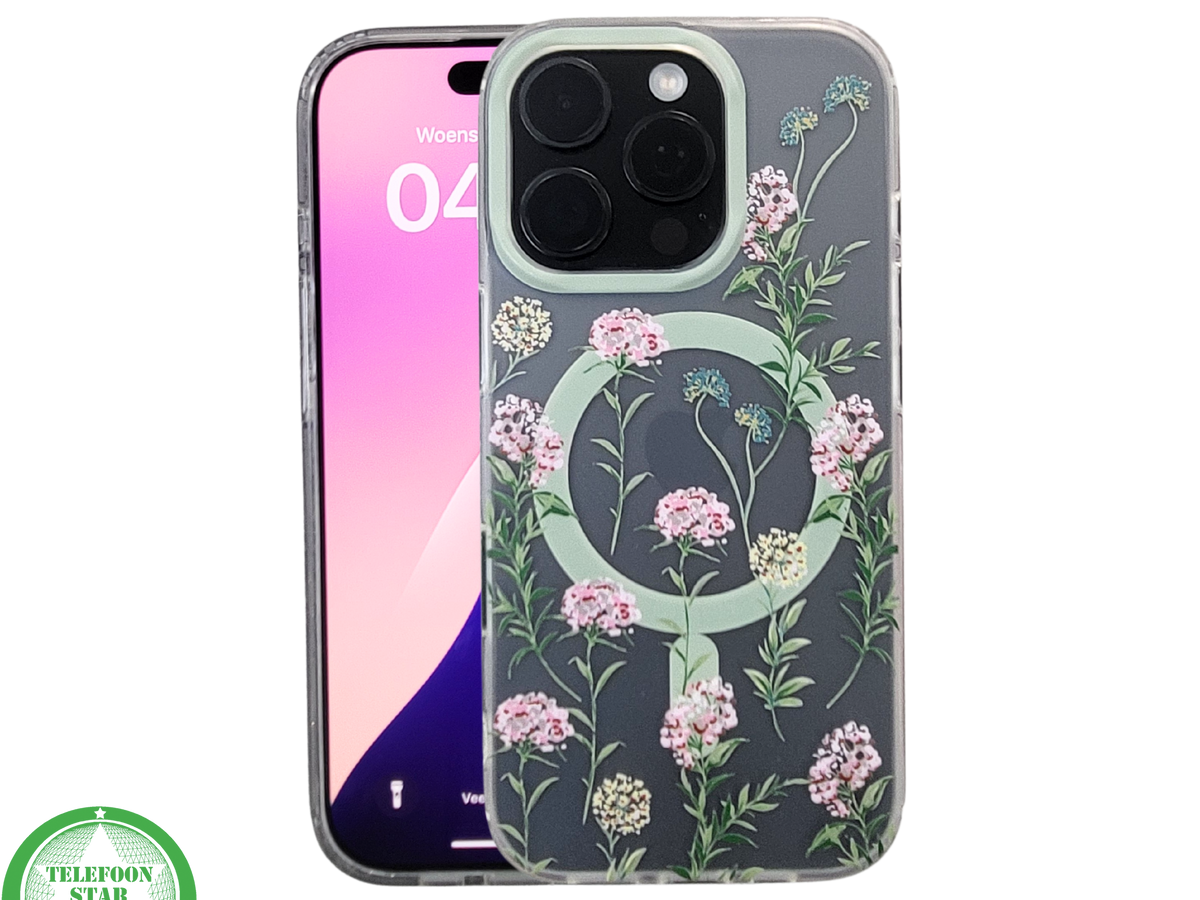 iPhone 16 Pro Transparant Hoesje Met Groene Bloemenprint Elegante Achterkant Bescherming