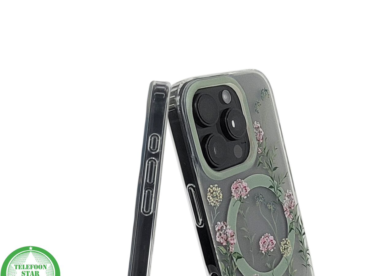 iPhone 16 Pro Transparant Hoesje Met Groene Bloemenprint Elegante Achterkant Bescherming