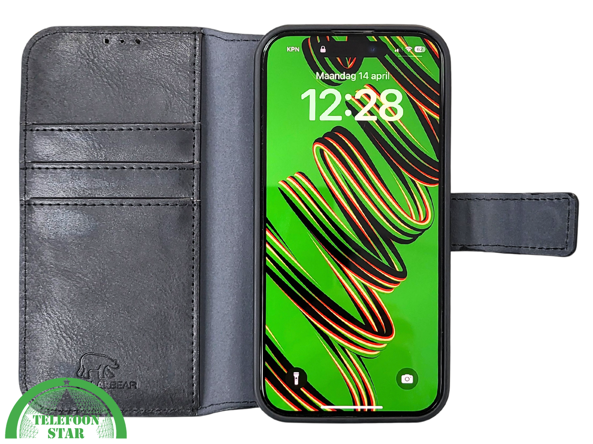 Zwart Bookcase Hoesje twee en een iPhone 15 Pro Max– Luxe PU-leer & Kaarthouder | Telefoonstar.nl