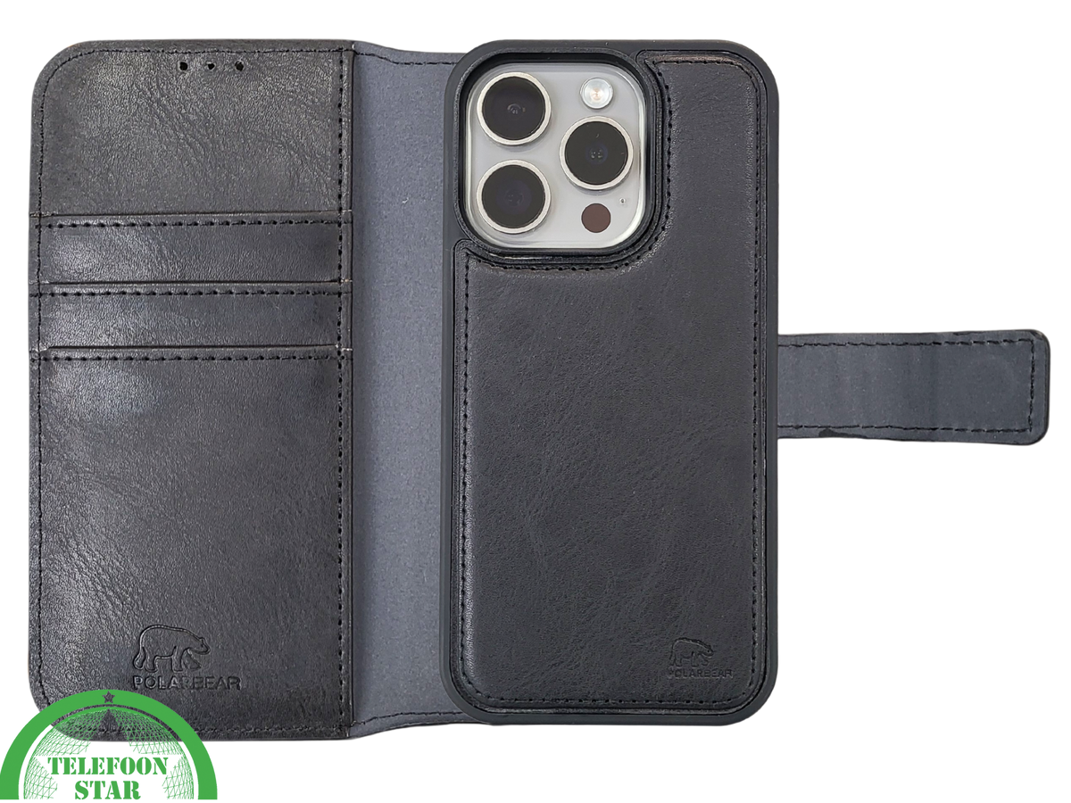 Zwart Bookcase Hoesje twee en een iPhone 15 Pro Max– Luxe PU-leer & Kaarthouder | Telefoonstar.nl