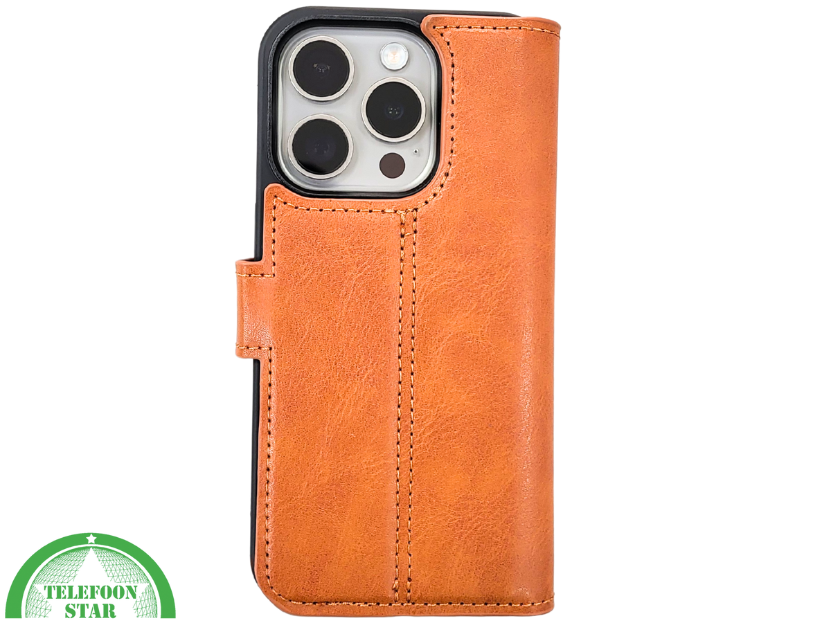 Cognac Bookcase Hoesje twee en een iPhone 15 Pro – Lederen Look & Kaartvak | Telefoonstar.nl