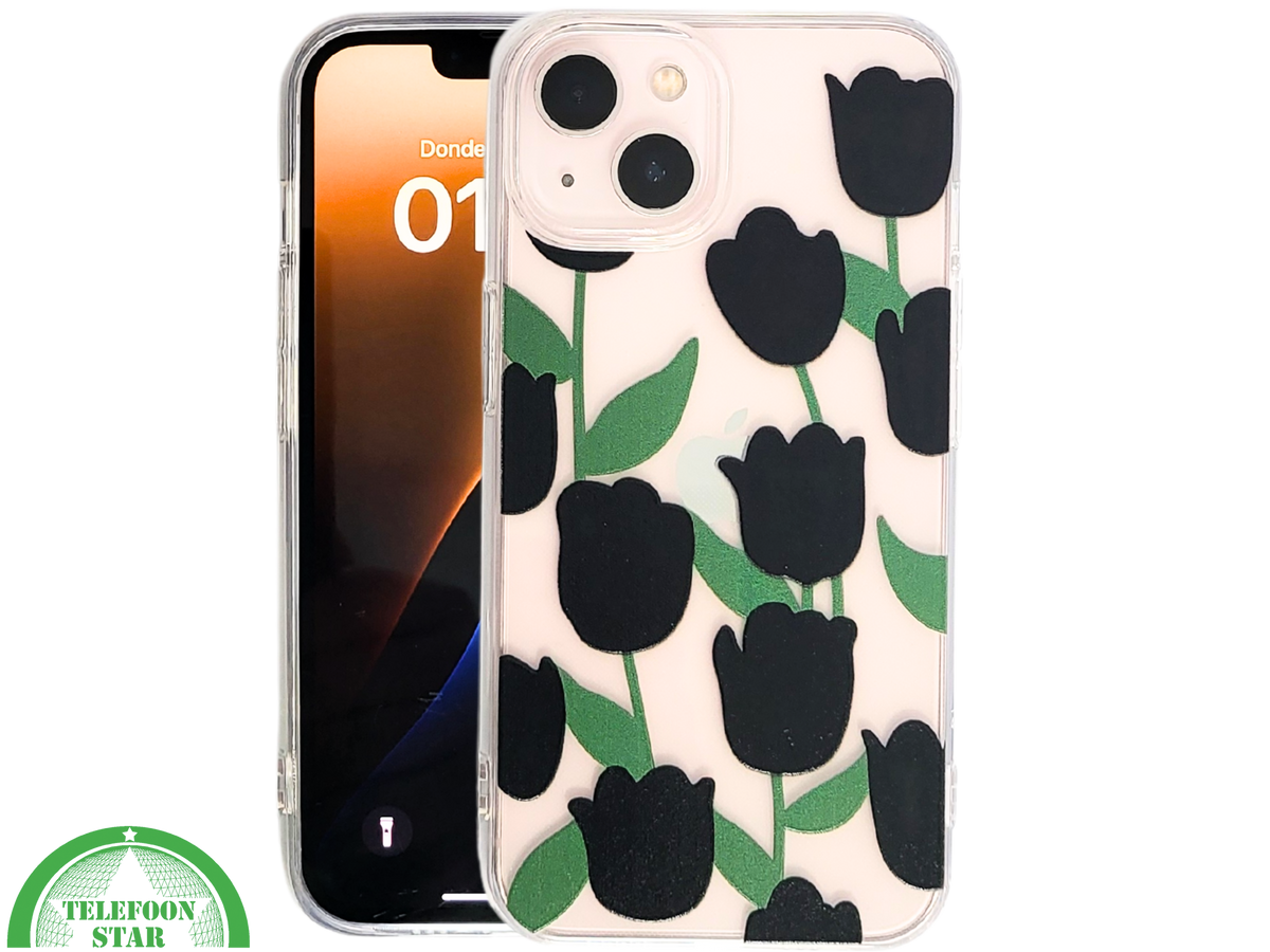 iPhone 13 / 14 Hoesje – Transparante Case met Zwarte Tulpen | Telefoonstar