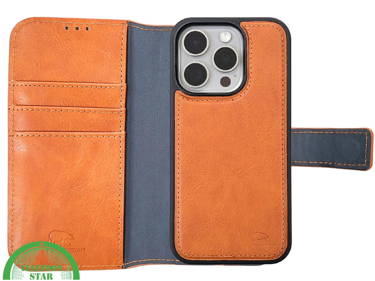 Cognac Bookcase Hoesje twee en een iPhone 15 Pro – Lederen Look & Kaartvak | Telefoonstar.nl