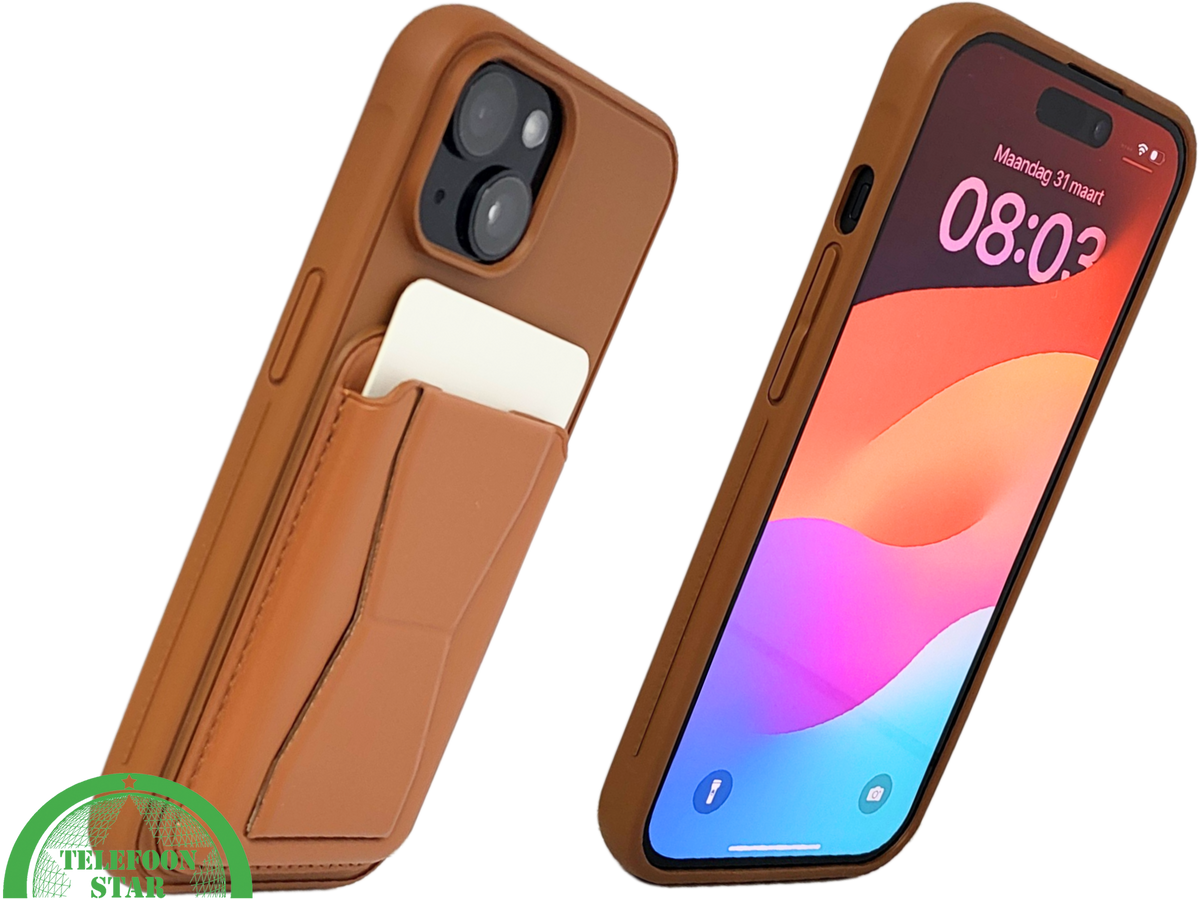 iPhone 15 Hoesje – Cognacbruin met Pasjeshouder | Functioneel & Stijlvol