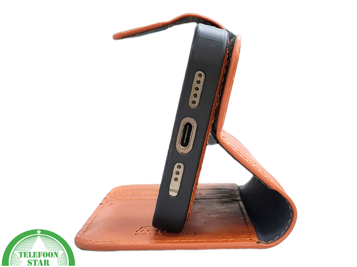 Cognac Bookcase Hoesje twee en een iPhone 15 Pro – Lederen Look & Kaartvak | Telefoonstar.nl