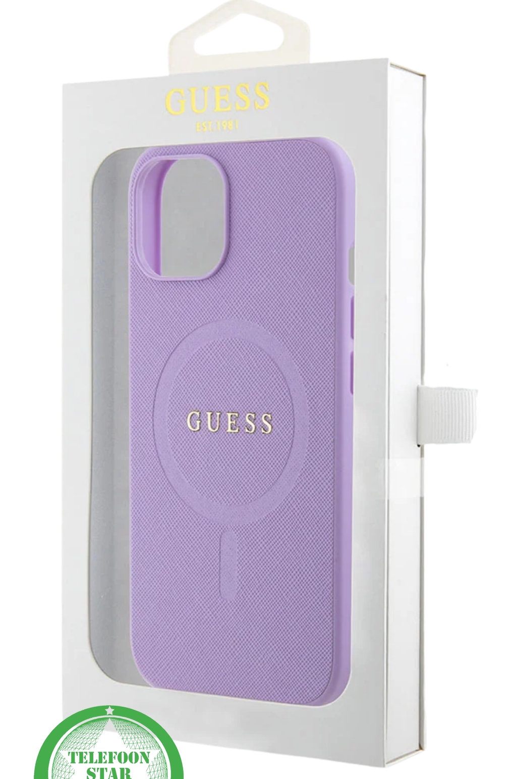 Hoesje voor iPhone 14 – Paars Luxe Design met Goudkleurig Logo