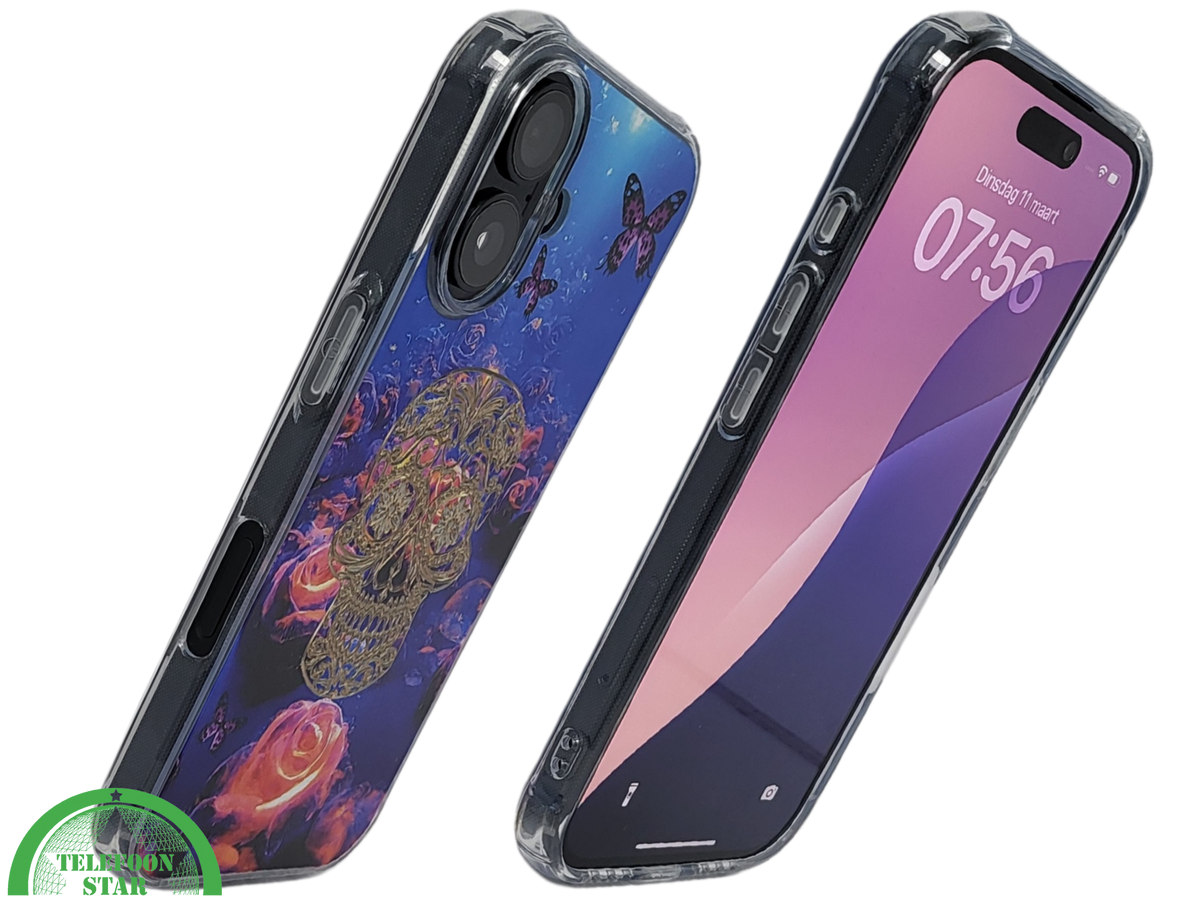 iPhone 16 hoesje transparant met neon skull en vlinder design schokbestendig