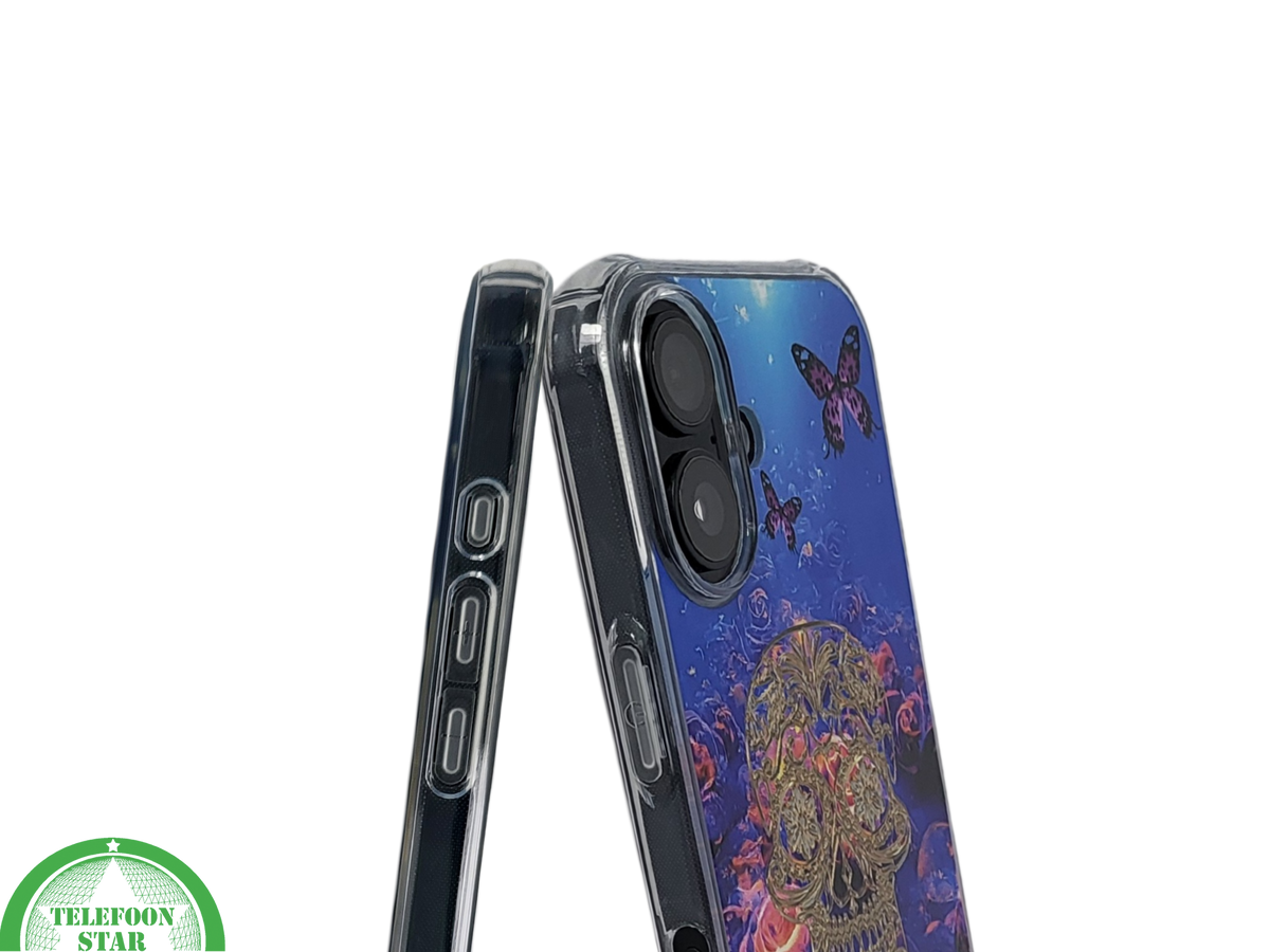 iPhone 16 hoesje transparant met neon skull en vlinder design schokbestendig