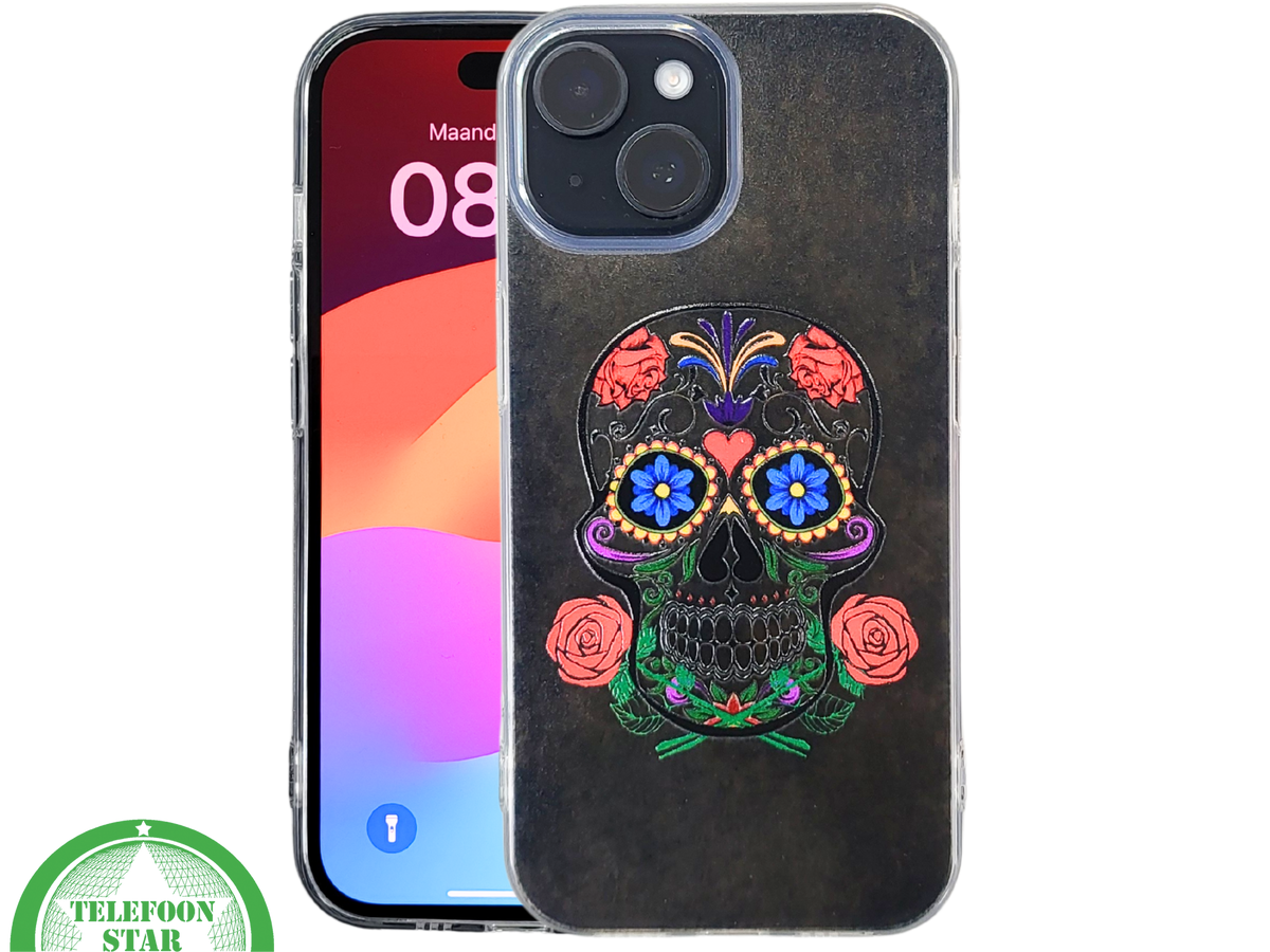 iPhone 15 Hoesje – Sugar Skull Design | Transparant, Kleurrijk & Uniek