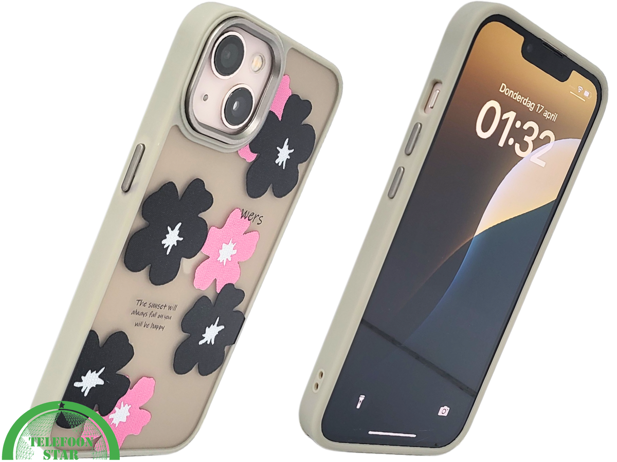 iPhone 13 / 14 Hoesje – Matgroene Rand met Bloemenprint Zwart/Roze | Telefoonstar