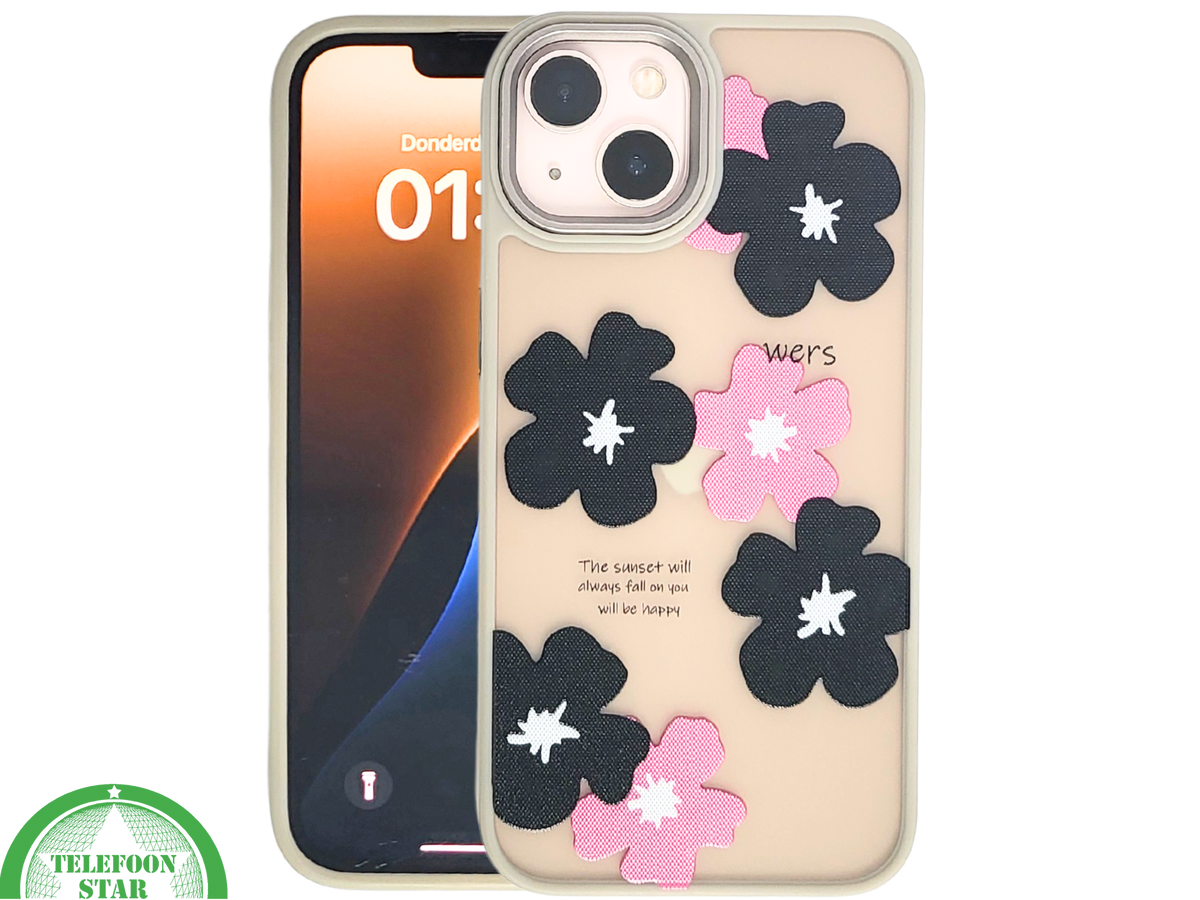 iPhone 13 / 14 Hoesje – Matgroene Rand met Bloemenprint Zwart/Roze | Telefoonstar