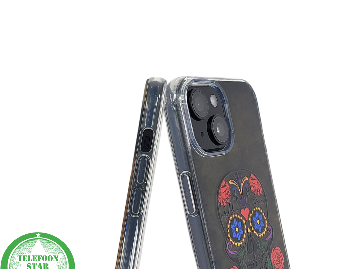 iPhone 15 Hoesje – Sugar Skull Design | Transparant, Kleurrijk & Uniek