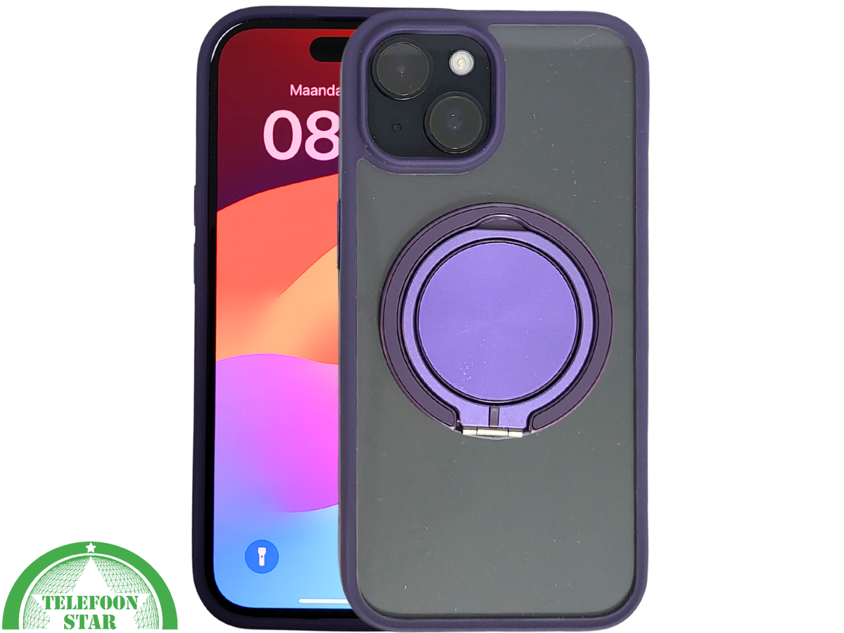 iPhone 15 Hoesje – Transparant Met Paarse Ringhouder | Stijlvol, Praktisch & Betrouwbaar