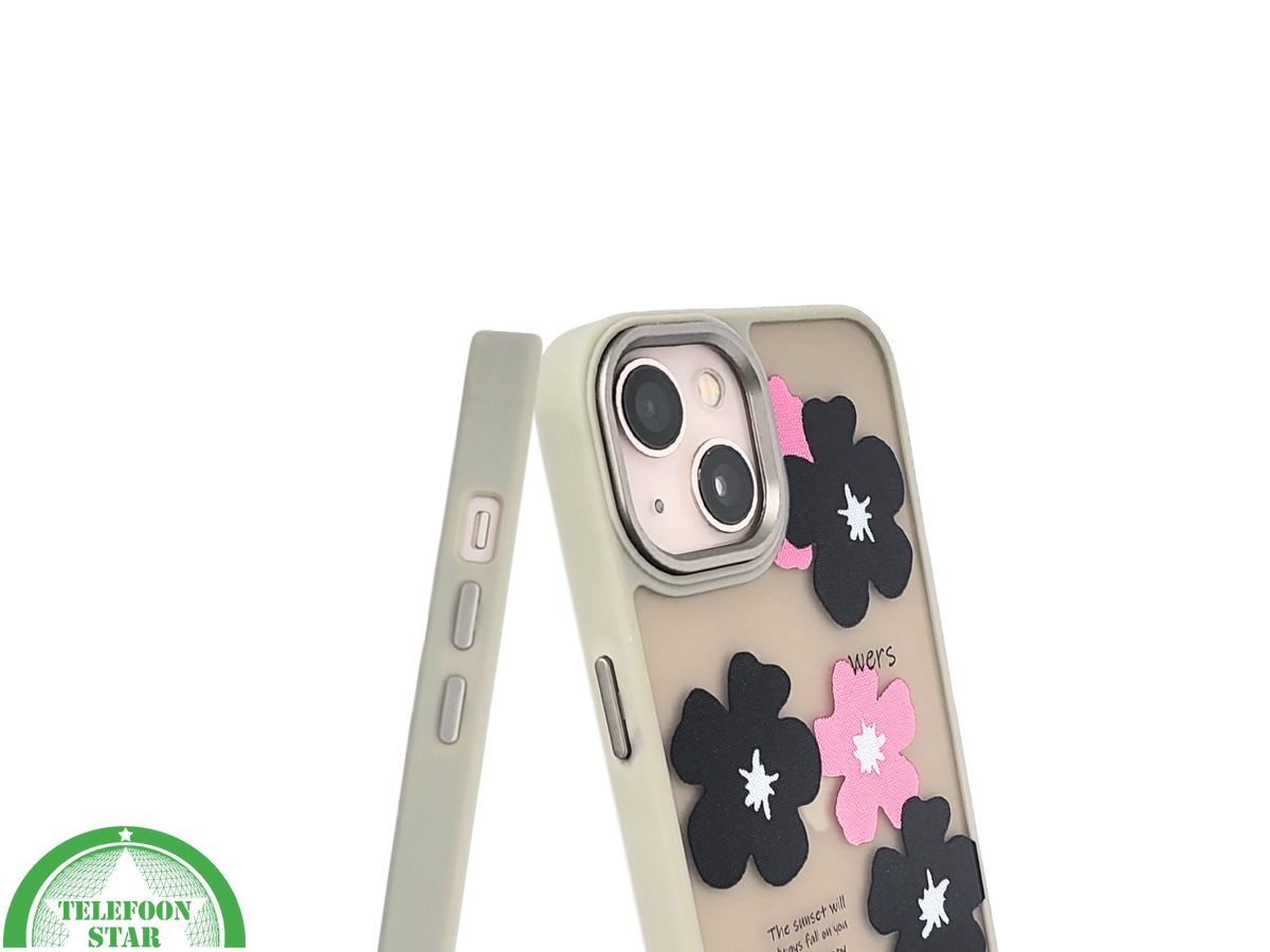 iPhone 13 / 14 Hoesje – Matgroene Rand met Bloemenprint Zwart/Roze | Telefoonstar