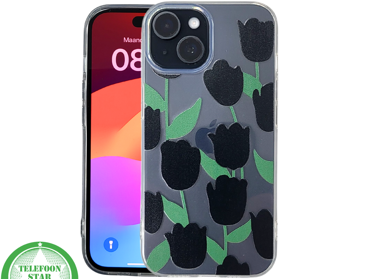 iPhone 15 Hoesje – Transparant met Zwarte Tulpenprint | Stijlvol, Nederlands & Beschermend