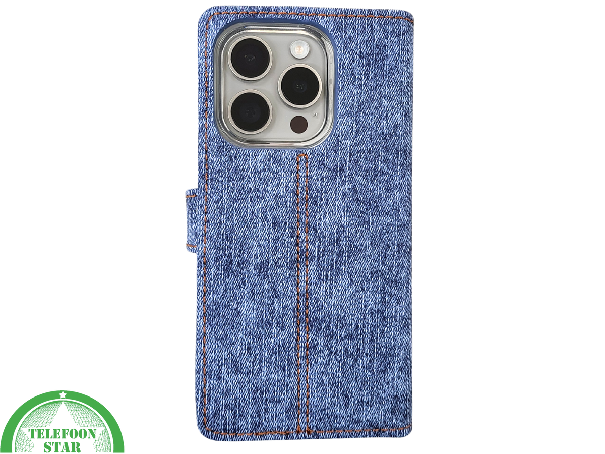 iPhone 15 Pro Max Jeans Look Hoesje – Stoere Bookcase met Pasjeshouder | Telefoonstar