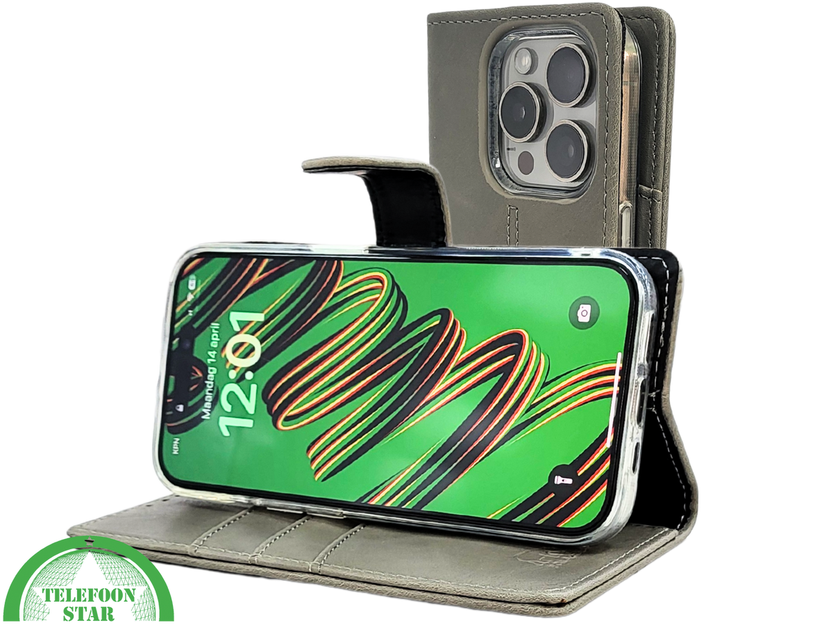 iPhone 15 Pro Hoesje Grijs – Elegant Bookcase met Pasjeshouder | Telefoonstar