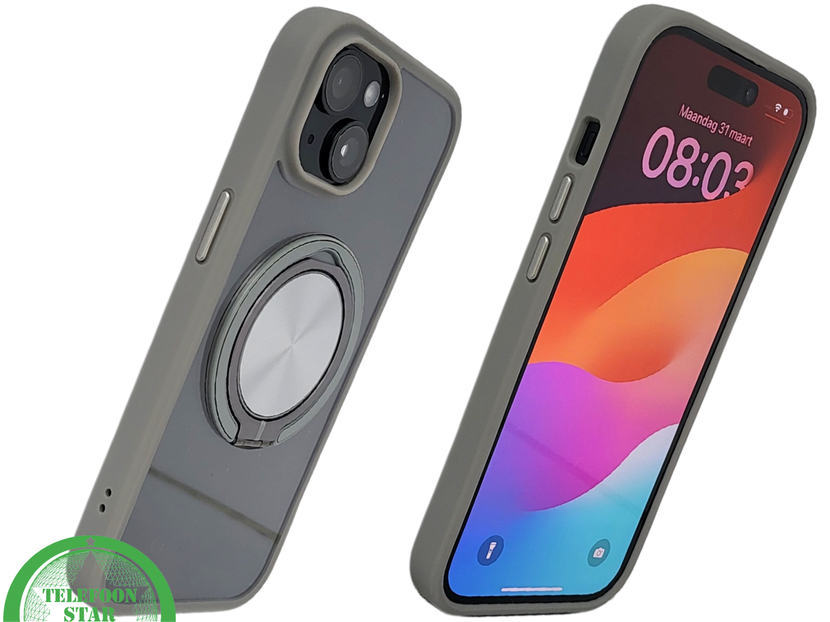 iPhone 15 Hoesje – Transparant Met Taupe Rand & Zilveren Ringhouder | Elegant & Functioneel
