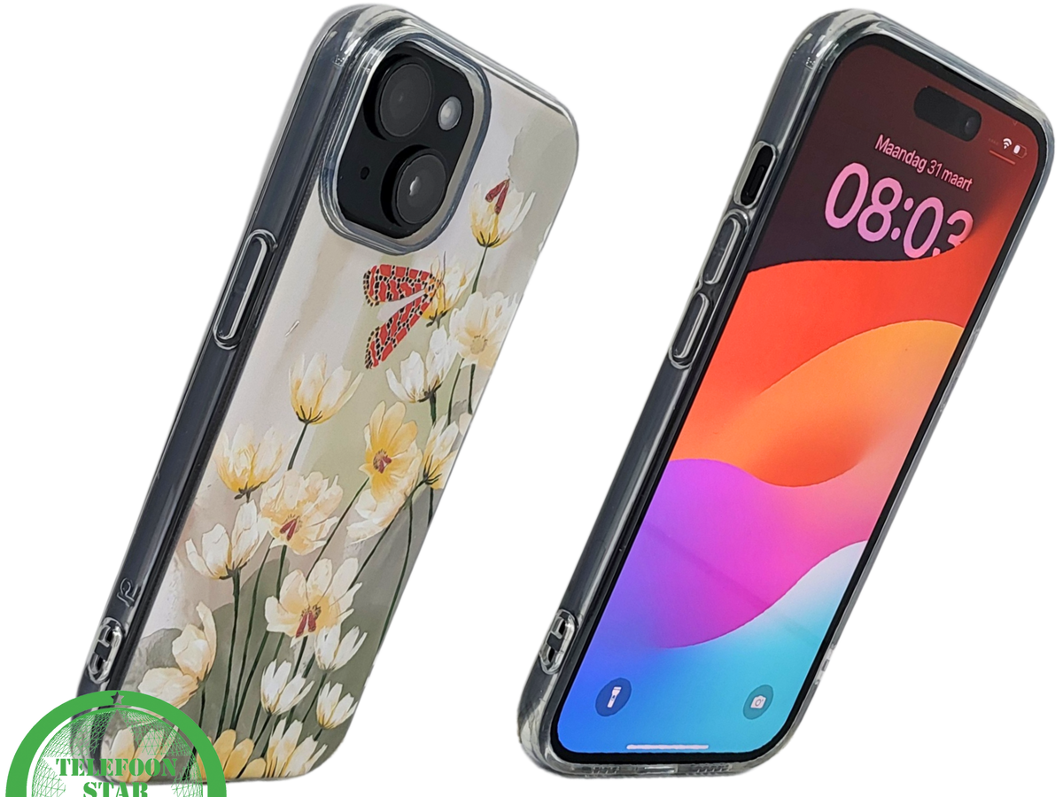 iPhone 15 Hoesje – Transparant Met Bloemen & Vlinderprint | Elegant, Natuur & Uniek