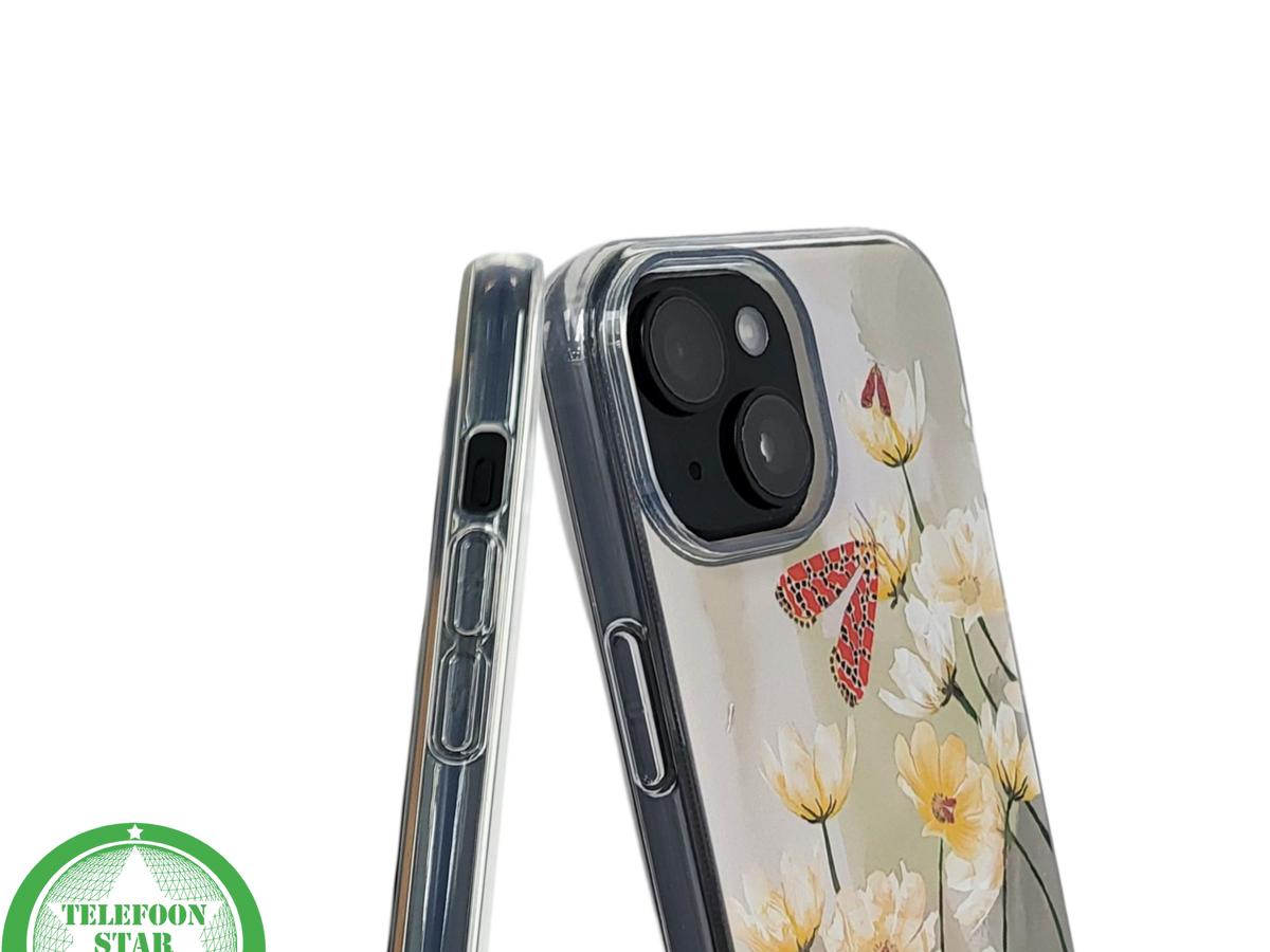 iPhone 15 Hoesje – Transparant Met Bloemen & Vlinderprint | Elegant, Natuur & Uniek