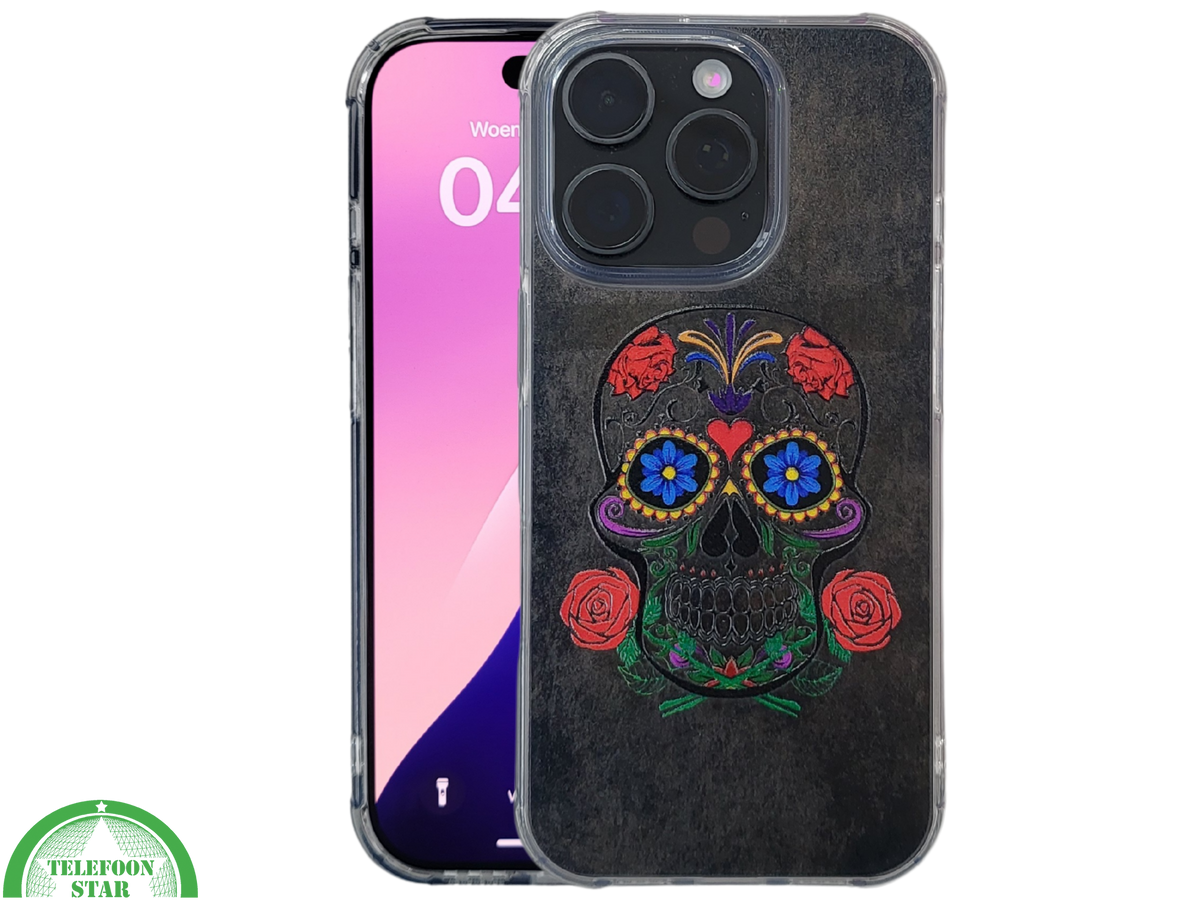 iPhone 16 Pro Hoesje met Skull Design – Elegante Achterkant Bescherming Telefoonhoesje Transparant & Stevig