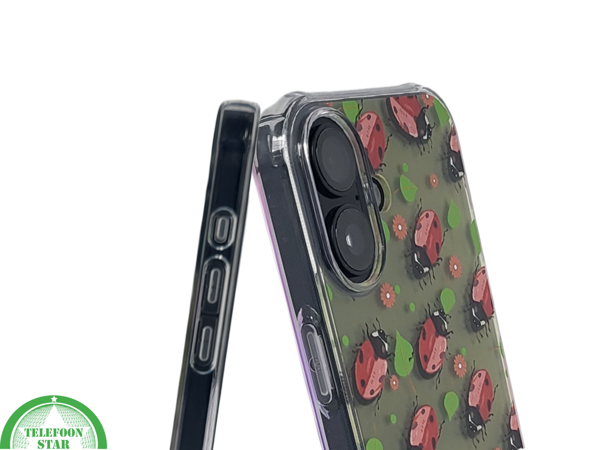 iPhone 16 hoesje transparant met lieveheersbeestjes print en schokbestendige bescherming