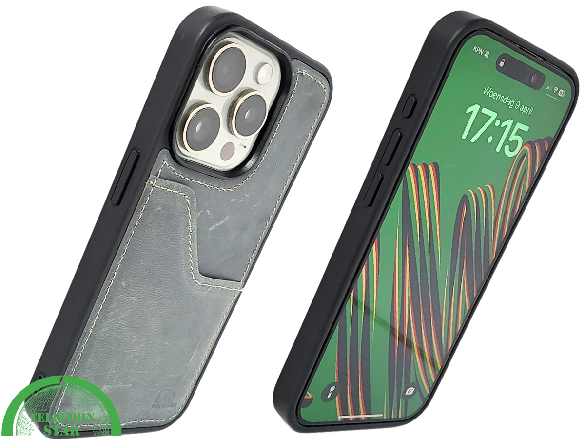 iPhone 15 Pro Max Hoesje met Kaarthouder – Vintage Lederlook Grijs | Telefoonstar.nl