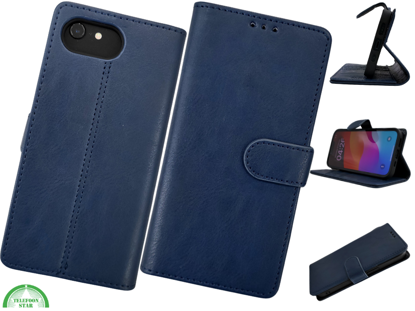 Boek Case Leer Wallet Case Donkerblauwe iPhone 16E