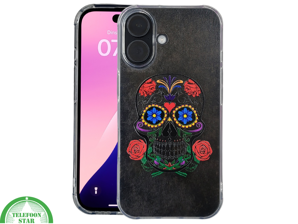 iPhone 16 hoesje transparant met kleurrijke skull print en extra bescherming