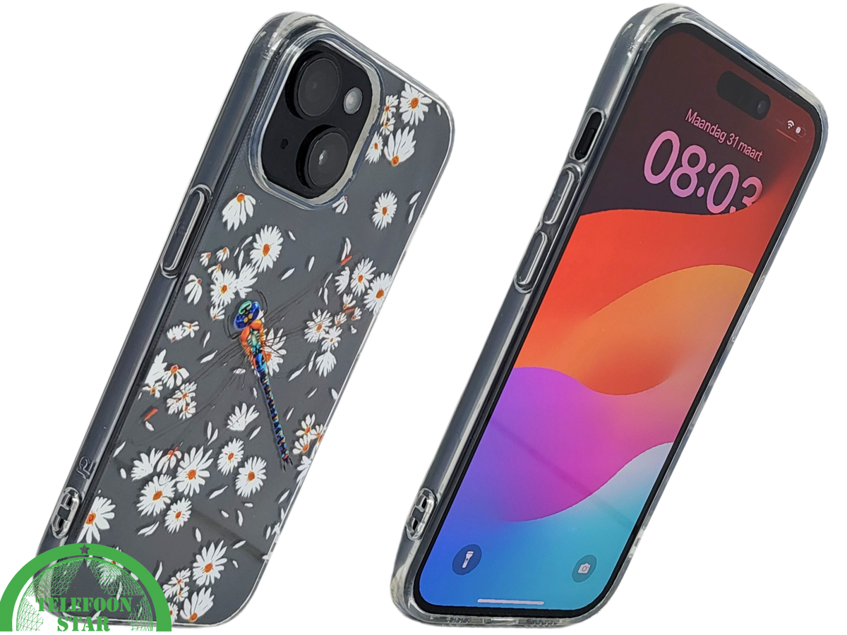 iPhone 15 Hoesje – Transparant Met Margrietjes en Papegaai | Fris, Kleurrijk & Beschermend