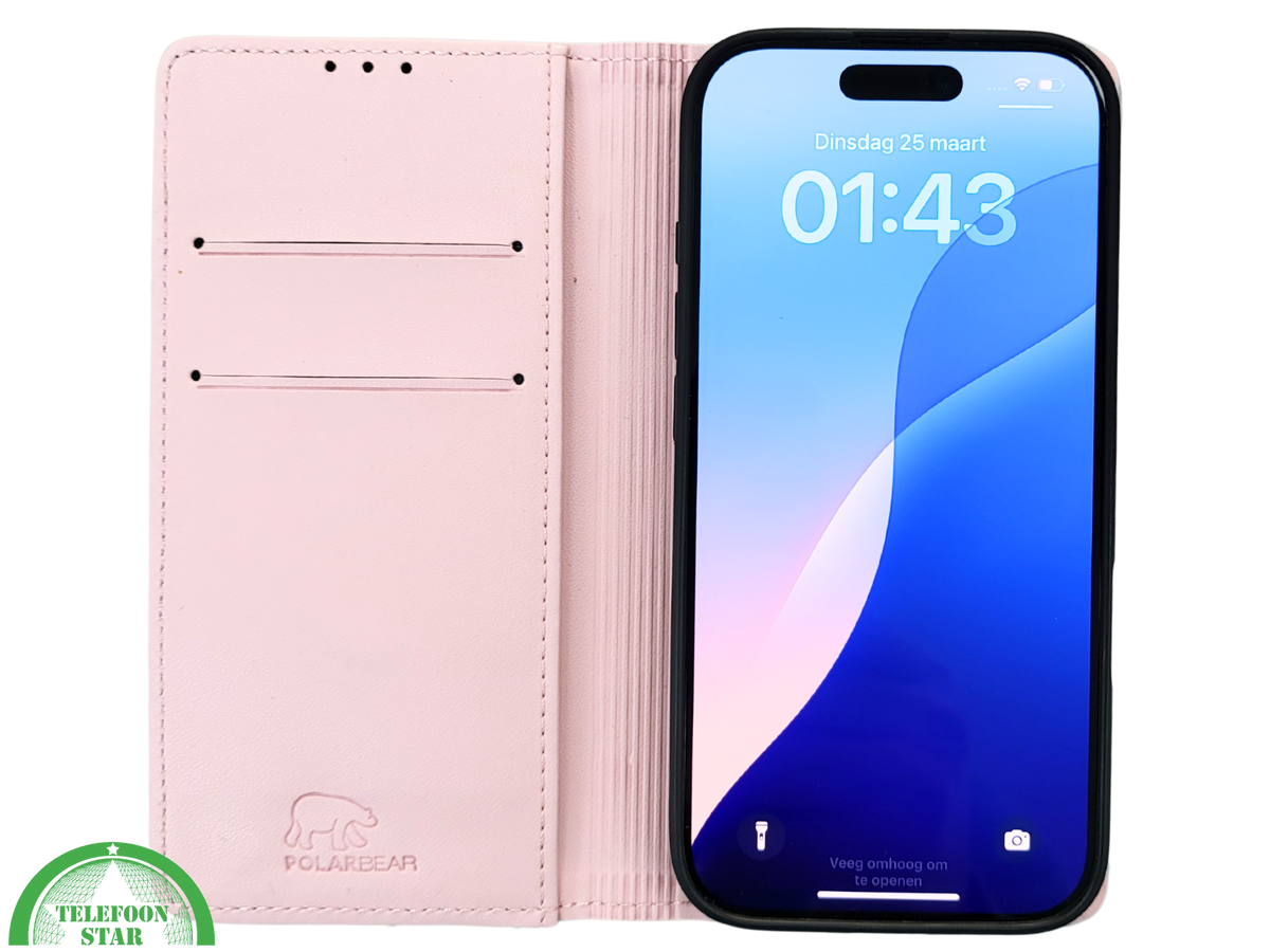 Bookcase Hoesje iPhone 16 Pro Roze – Elegante Wallet Case met Pasjeshouder