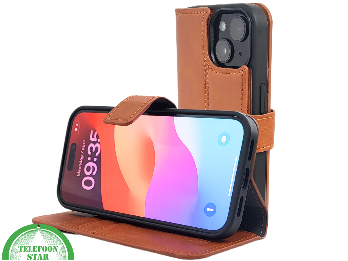 iPhone 15 2-in-1 Hoesje Bruin Leer – Bookcase met Uitneembare Backcover
