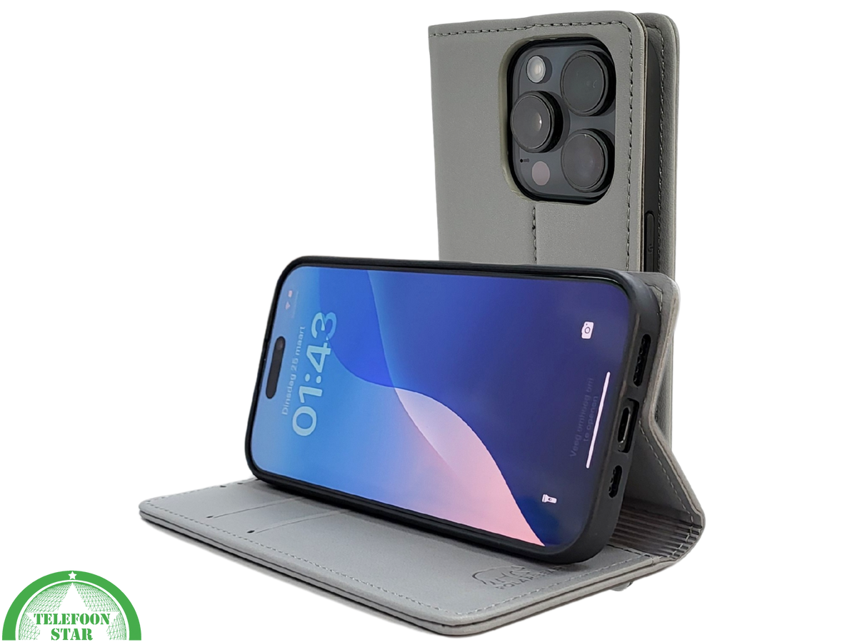 Bookcase Hoesje iPhone 16 Pro Grijs – Stijlvolle Bescherming met Pasjeshouder