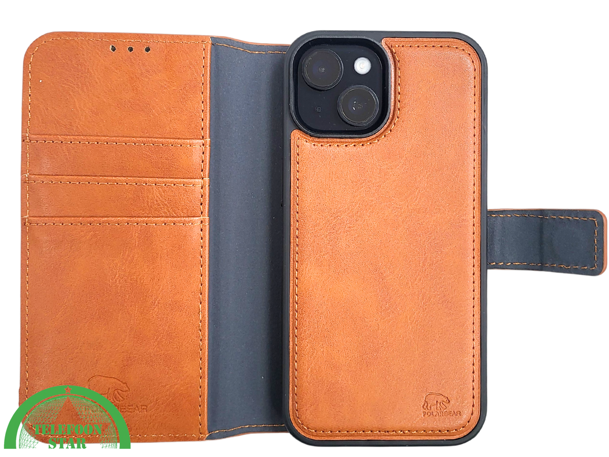 iPhone 15 Plus 2-in-1 Hoesje Bruin Leer – Bookcase met Uitneembare Backcover