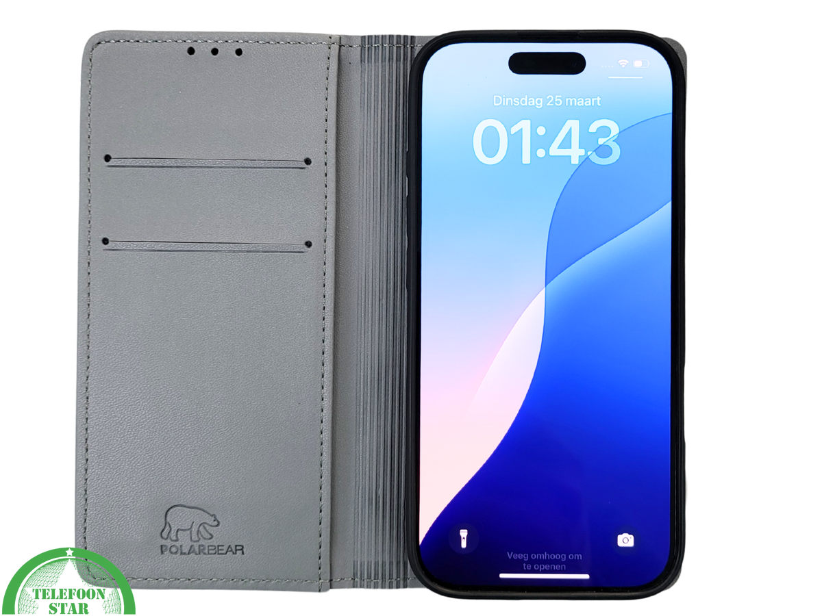 Bookcase Hoesje iPhone 16 Pro Grijs – Stijlvolle Bescherming met Pasjeshouder