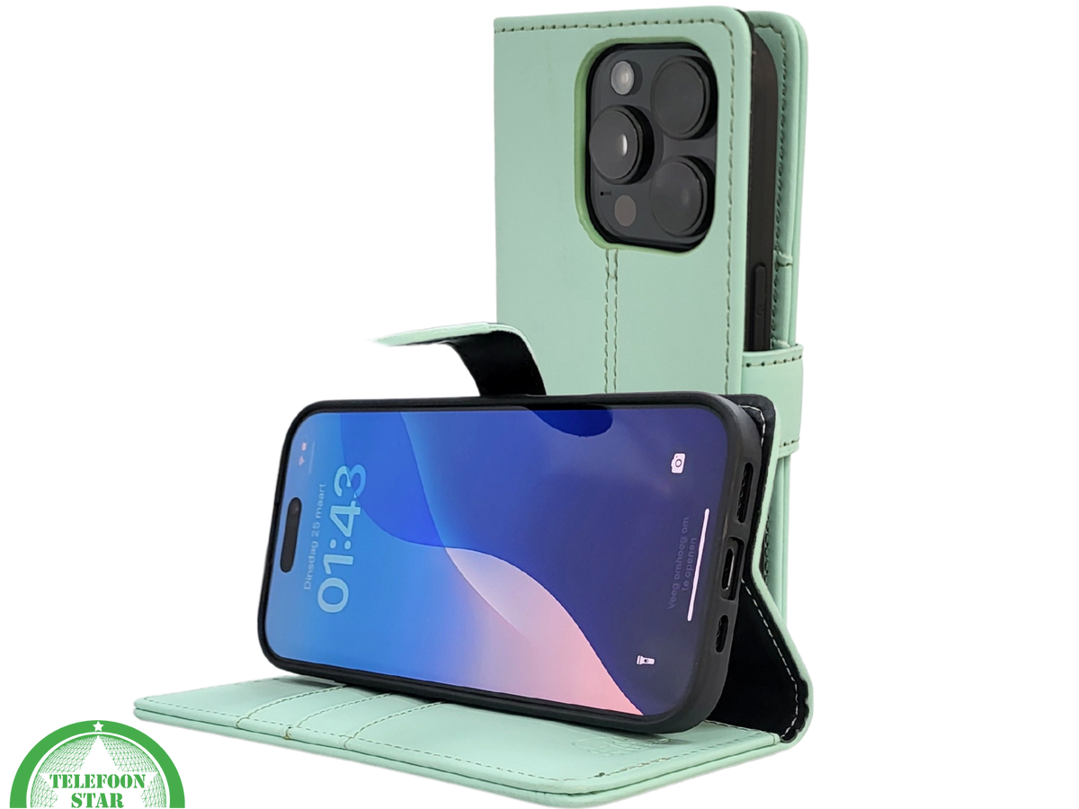 iPhone 16 Pro Bookcase Hoesje Mintgroen – Fris, Stijlvol & Praktisch