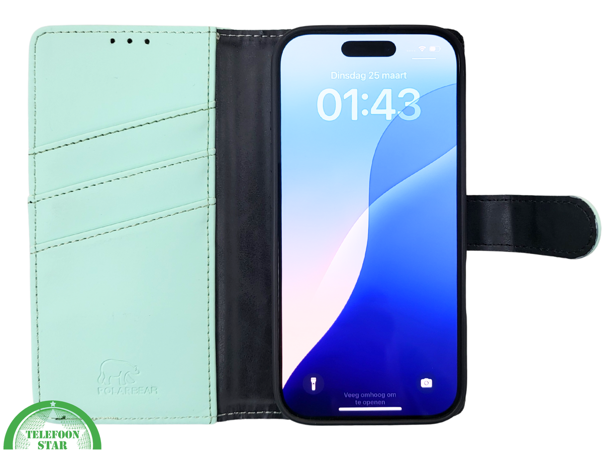 iPhone 16 Pro Bookcase Hoesje Mintgroen – Fris, Stijlvol & Praktisch
