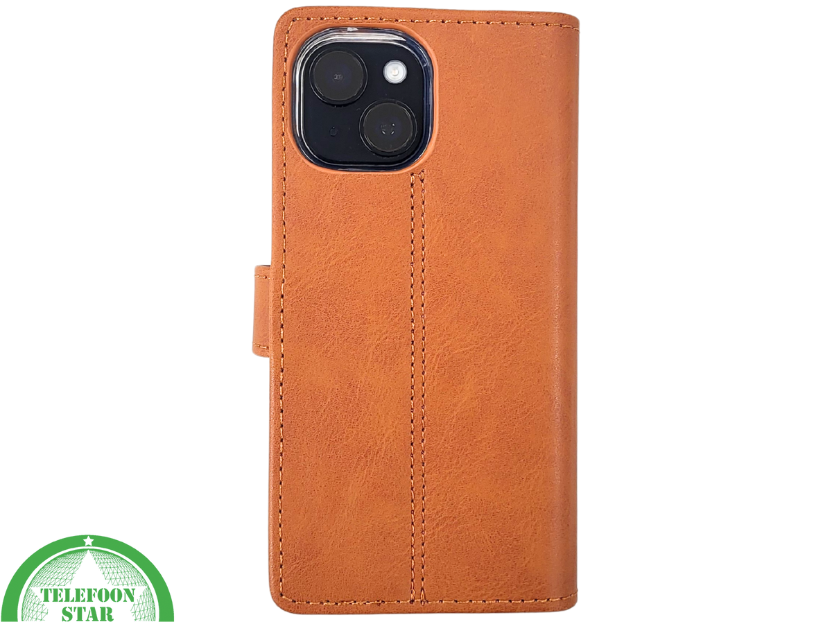 iPhone 15 Leren Hoesje Cognac – Bookcase met Pasjeshouder