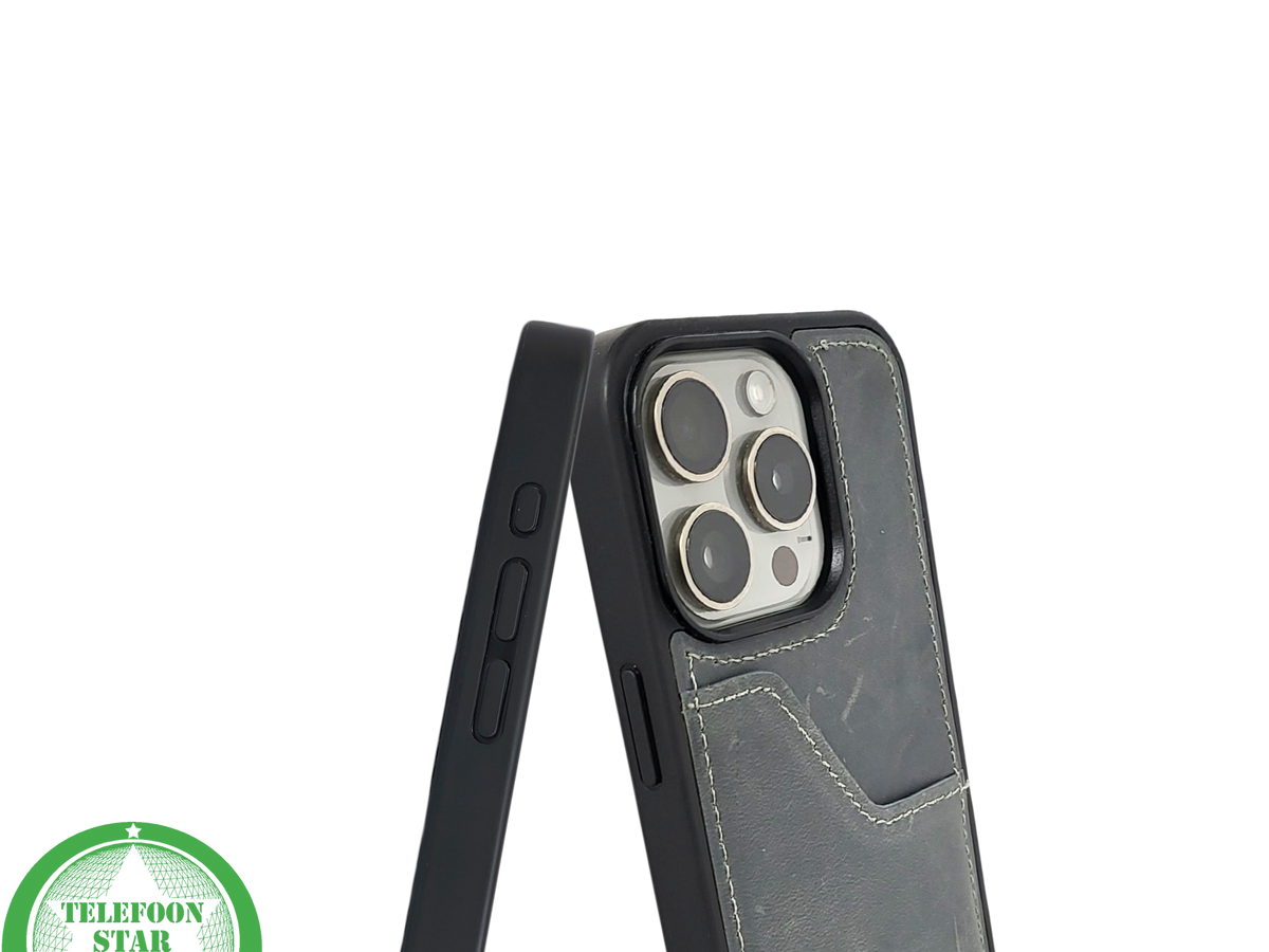 iPhone 15 Pro Max Hoesje met Kaarthouder – Vintage Lederlook Grijs | Telefoonstar.nl
