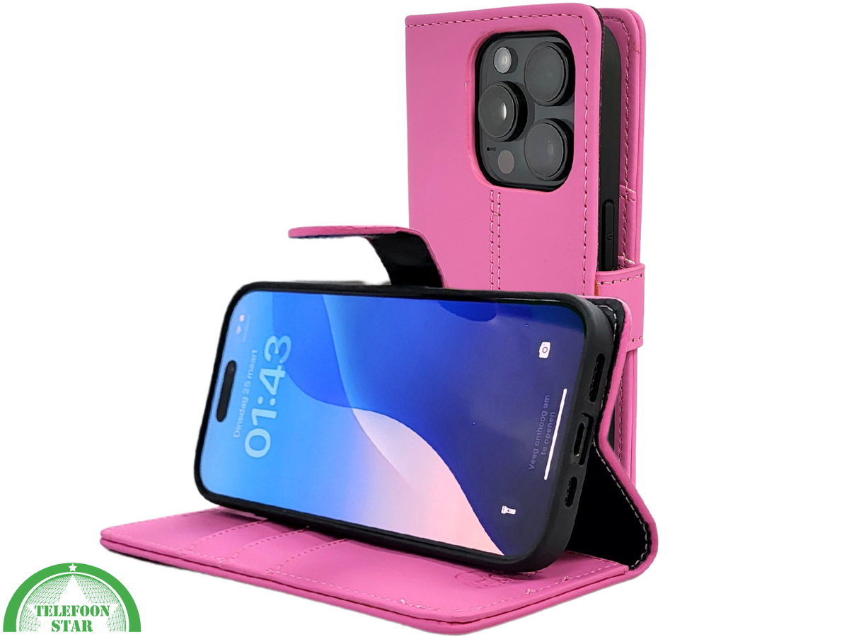 iPhone 16 Pro Bookcase Hoesje Roze – Stijlvolle Leren Look met Volledige Bescherming