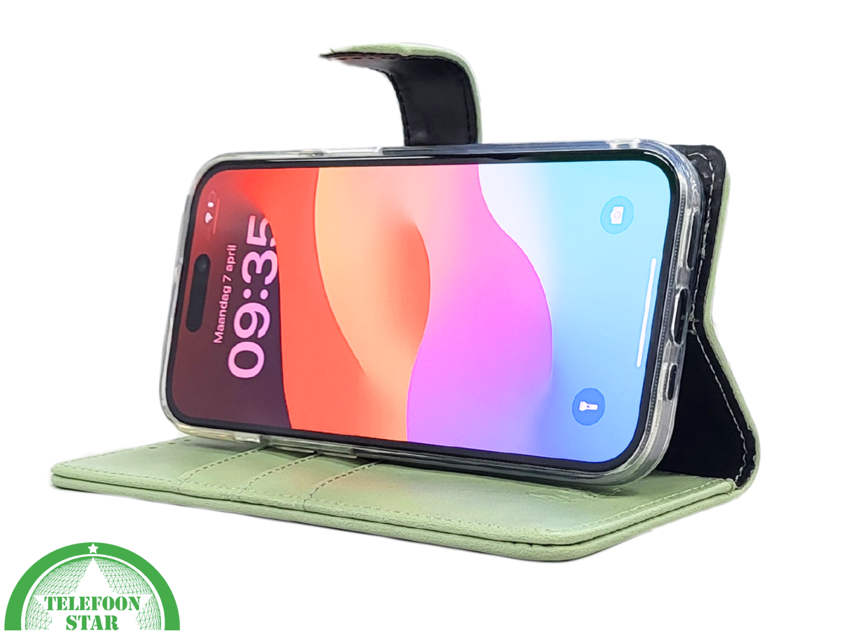 iPhone 15 Plus Hoesje Lichtgroen – Bookcase met Pasjeshouder