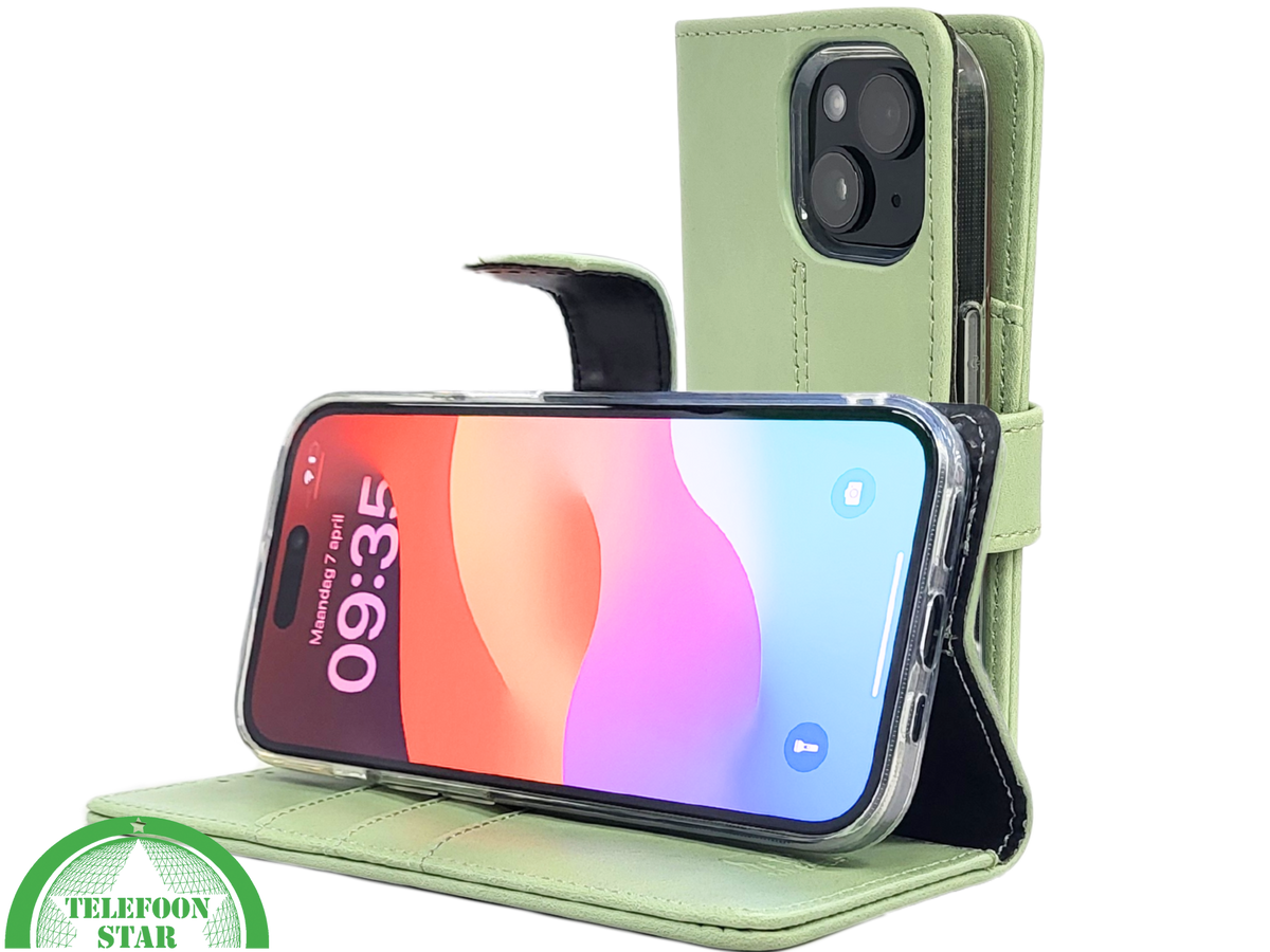 iPhone 15 Hoesje Lichtgroen – Bookcase met Pasjeshouder