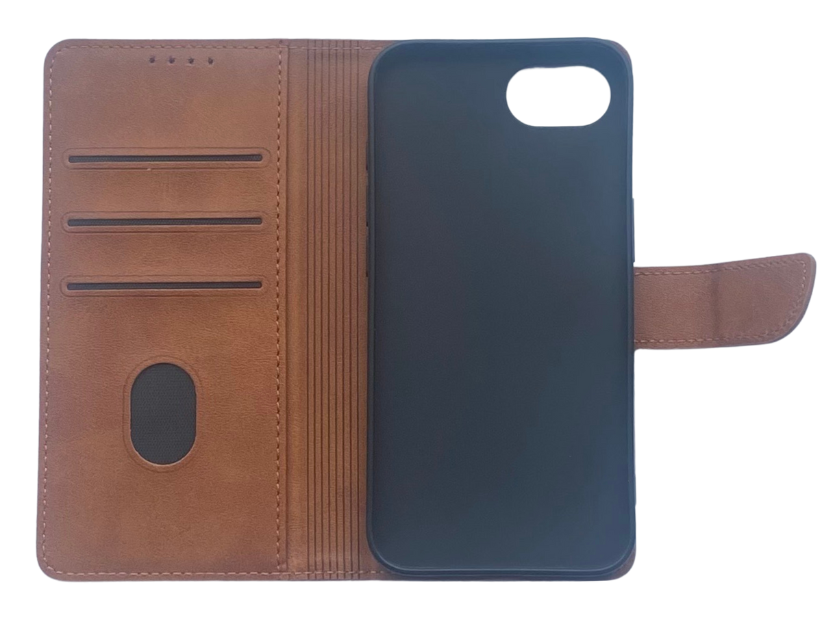 Luxe Boek iPhone 16E (2025)Licht bruin Leerlook Wallet Case
