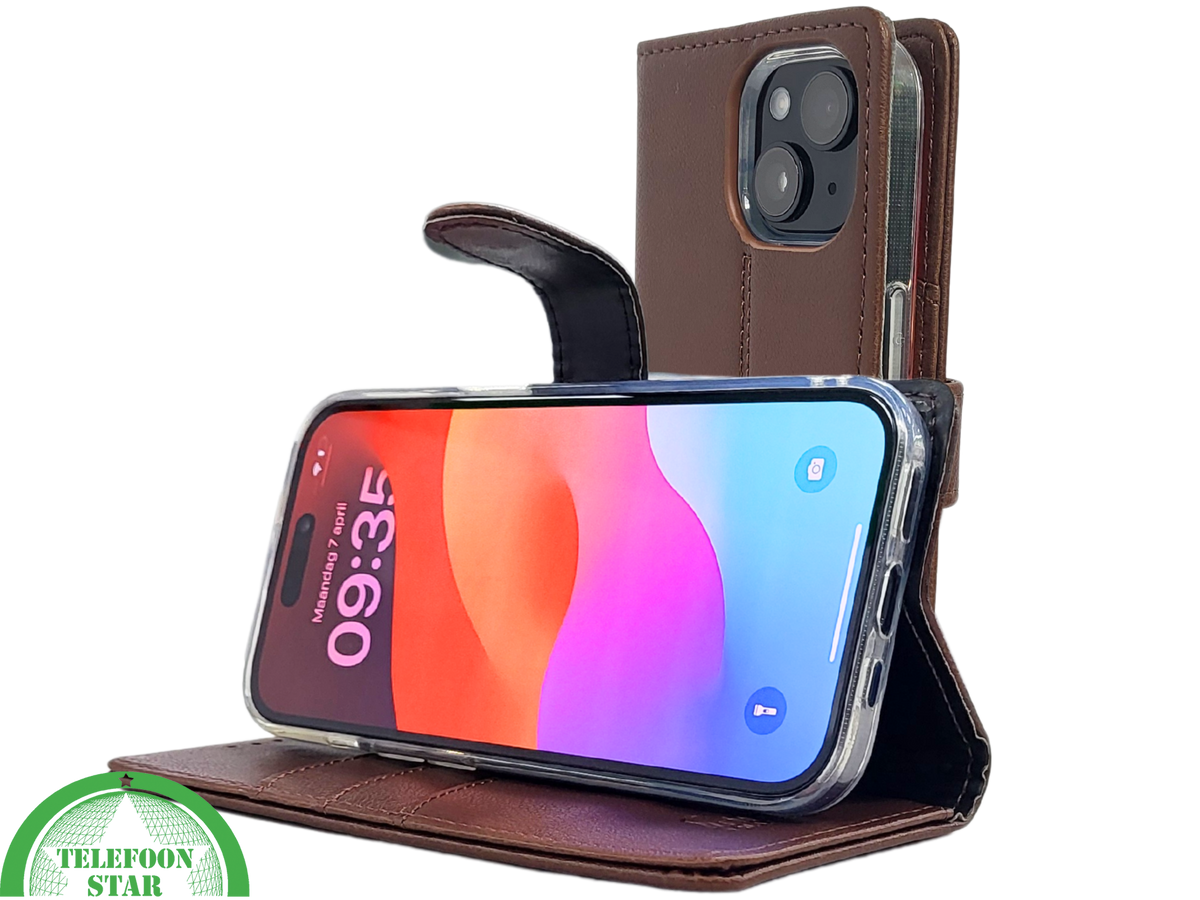 iPhone 15 Hoesje Donkerbruin – Bookcase met Pasjeshouder