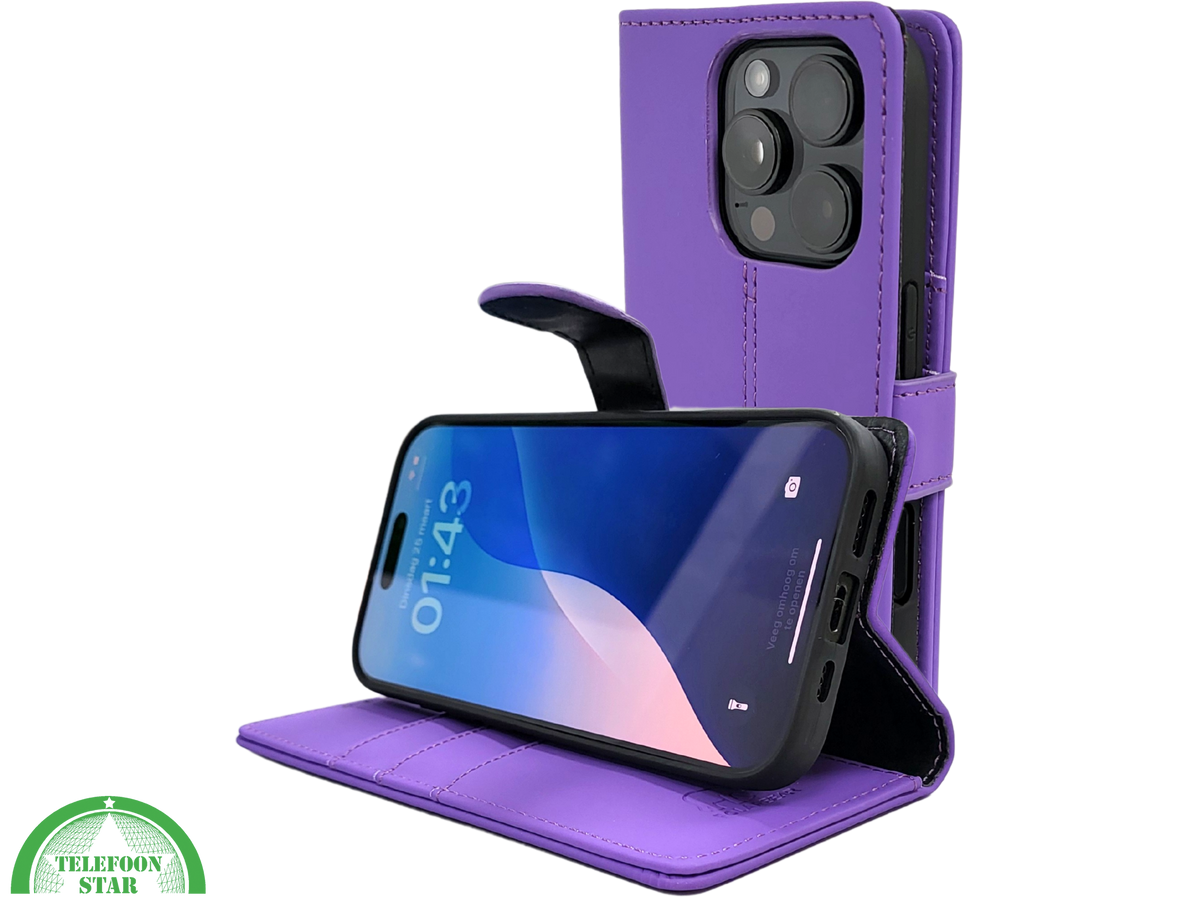 iPhone 16 Pro Paars Bookcase Hoesje Leren Look Met Magnetische Sluiting