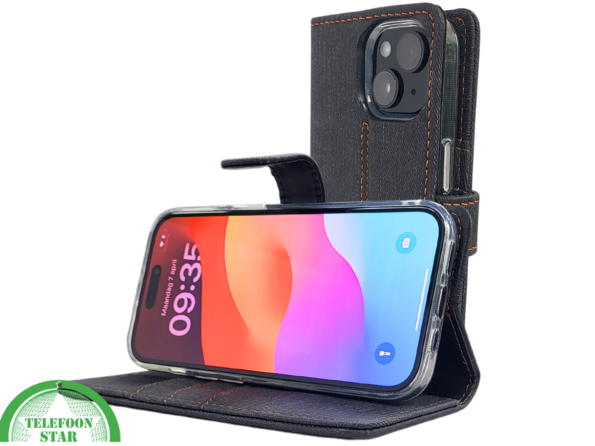 Bookcase Hoesje iPhone 15 Grijs – Met Pasjeshouder en Oranje Stiksel