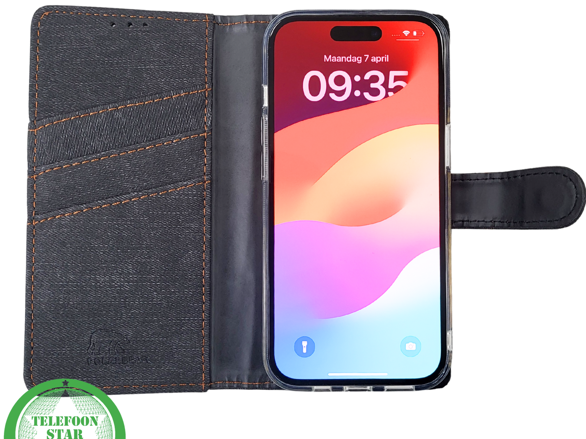Bookcase Hoesje iPhone 15 Grijs – Met Pasjeshouder en Oranje Stiksel