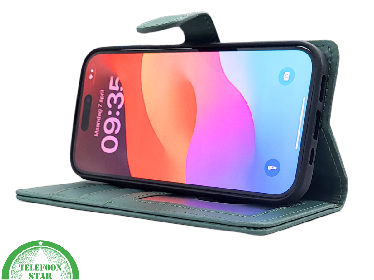 iPhone 15 Plus Bookcase Hoesje Groen – Leren Case met Pasjeshouder