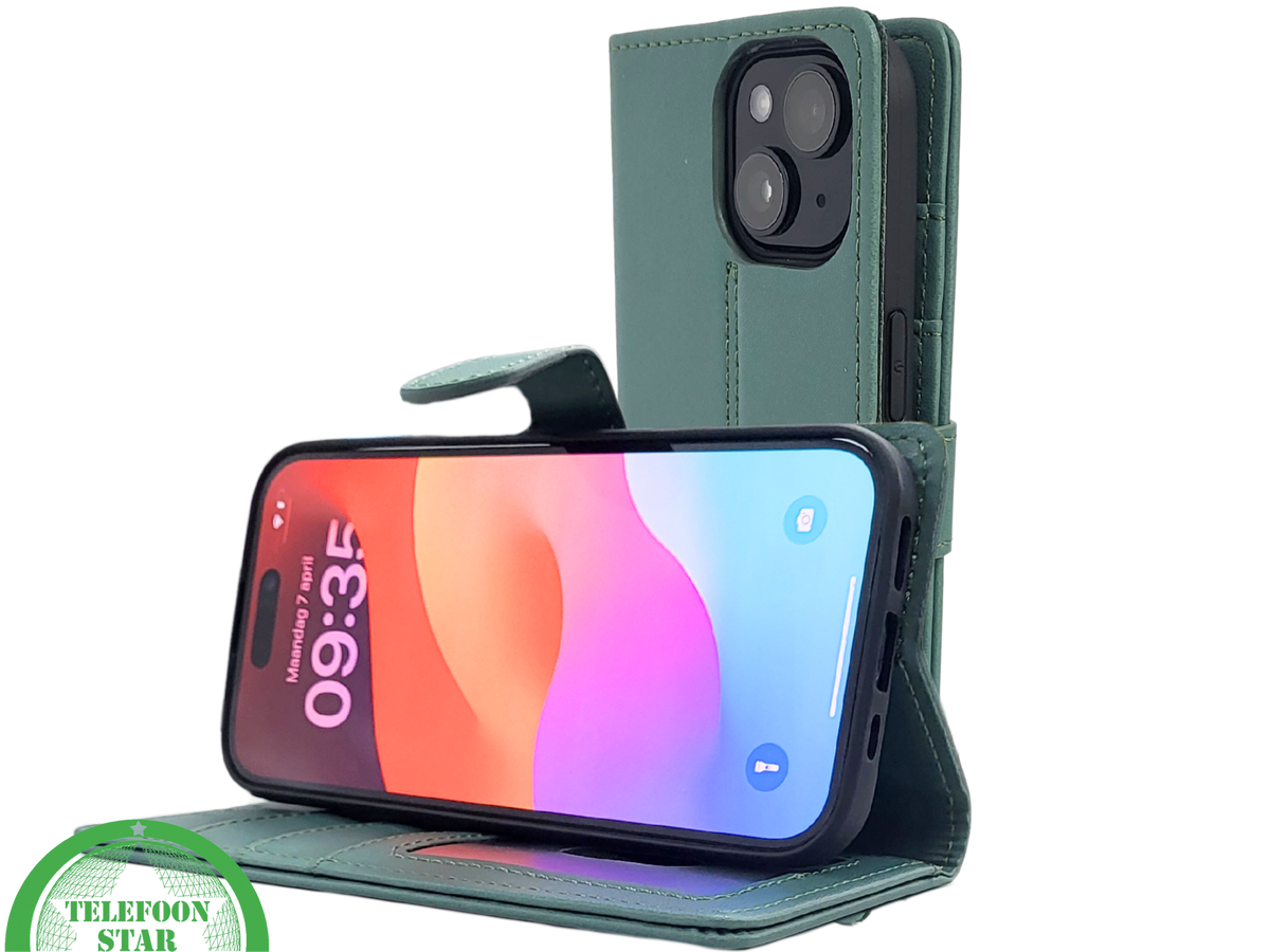 iPhone 15 Bookcase Hoesje Groen – Leren Case met Pasjeshouder