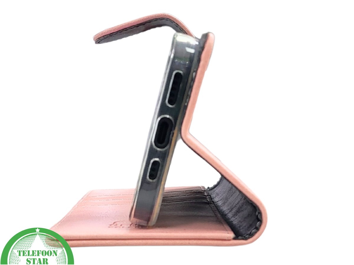 iPhone 15 Hoesje Roze – Bookcase met Pasjeshouder en Leren Look